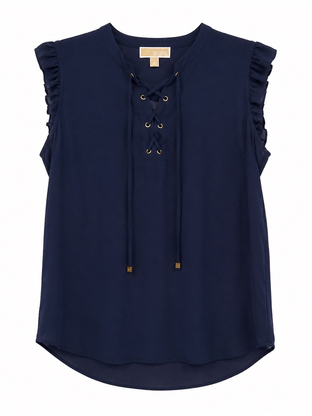 Michael Kors Navy Blue Lace Up Ruffle Sleeve Blouse Top Large Gold Hardware